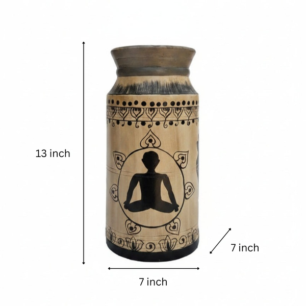 Handcrafted wooden pot featuring a hand-painted black silhouette of a meditating figure with traditional tribal decorative patterns, perfect for unique home decor.