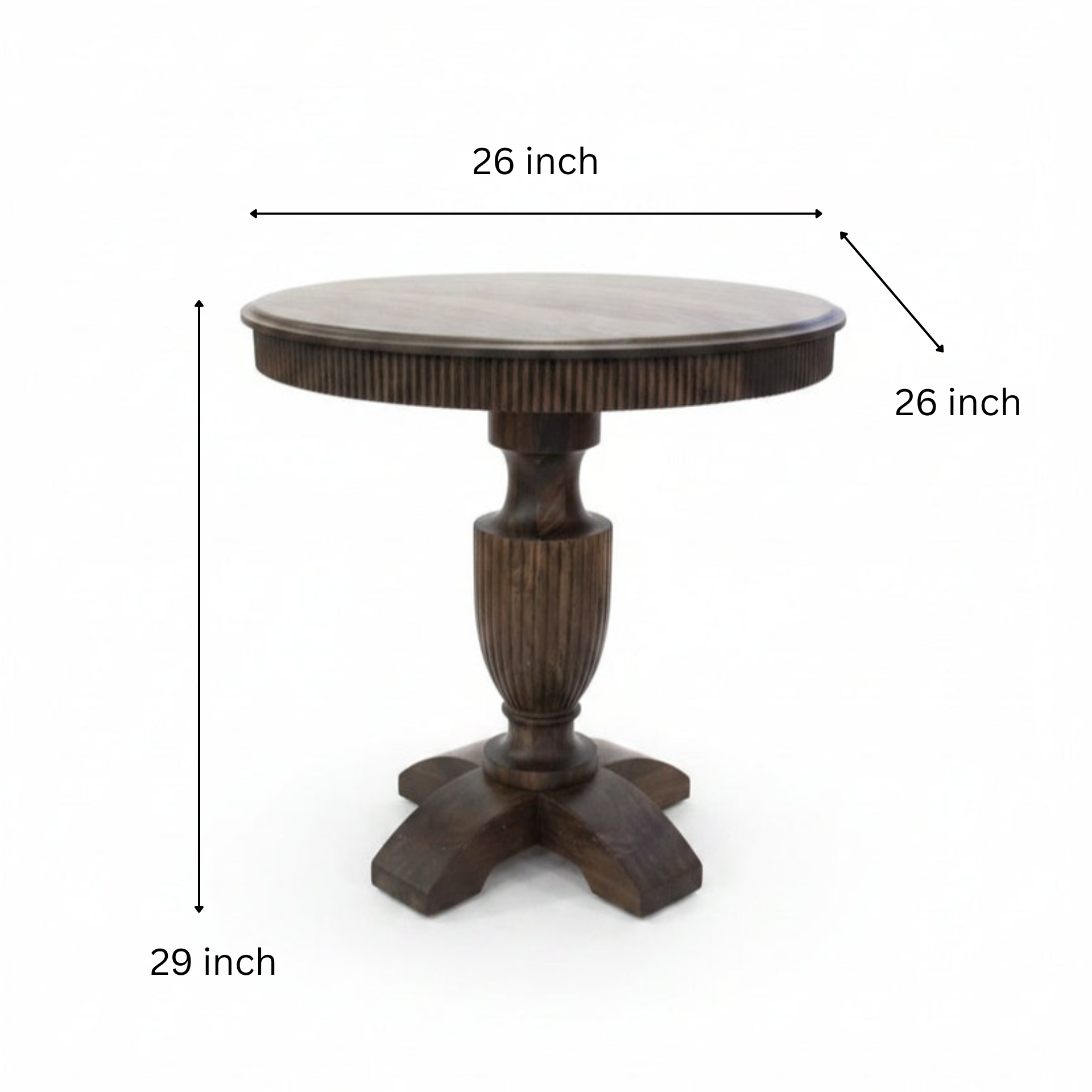Round wooden pedestal table with handcrafted tribal-inspired details, featuring a sturdy central column and four curved legs, perfect for unique home decor.