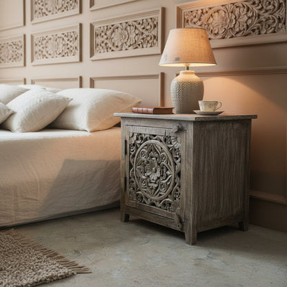 Vintage Lotus Carved Bedside image 1