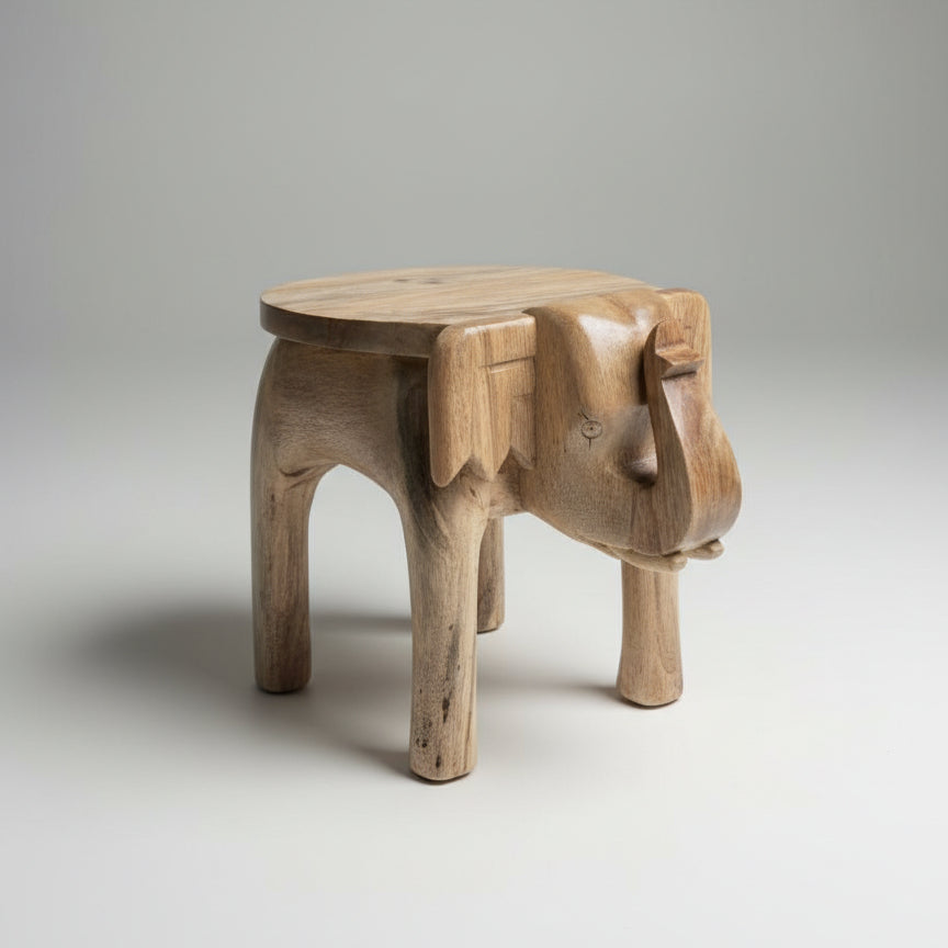 Handcrafted wooden elephant stool with natural finish, tribal decor accent piece
