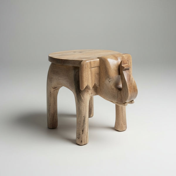 Handcrafted wooden elephant stool with natural finish, tribal decor accent piece