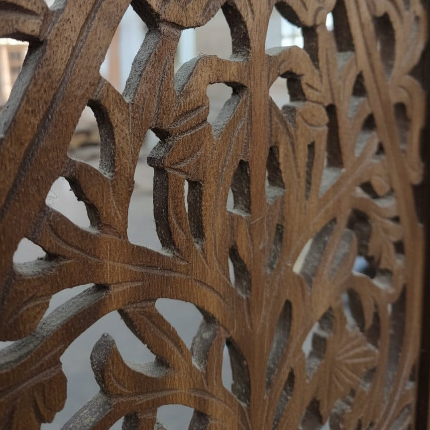 Handcrafted wooden Jaali Heritage Room Divider with intricate carved panels for elegant space separation.
