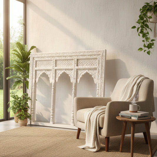 A cozy living room with a beige armchair, a small wooden table with a cup, potted plants, and the large ornate white Jharokha Wall Hanging leaning against a sunlit wall. A textured rug covers the floor.