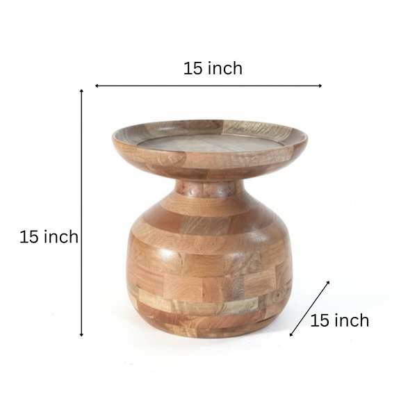 Handcrafted wooden side table with natural finish and unique tribal design