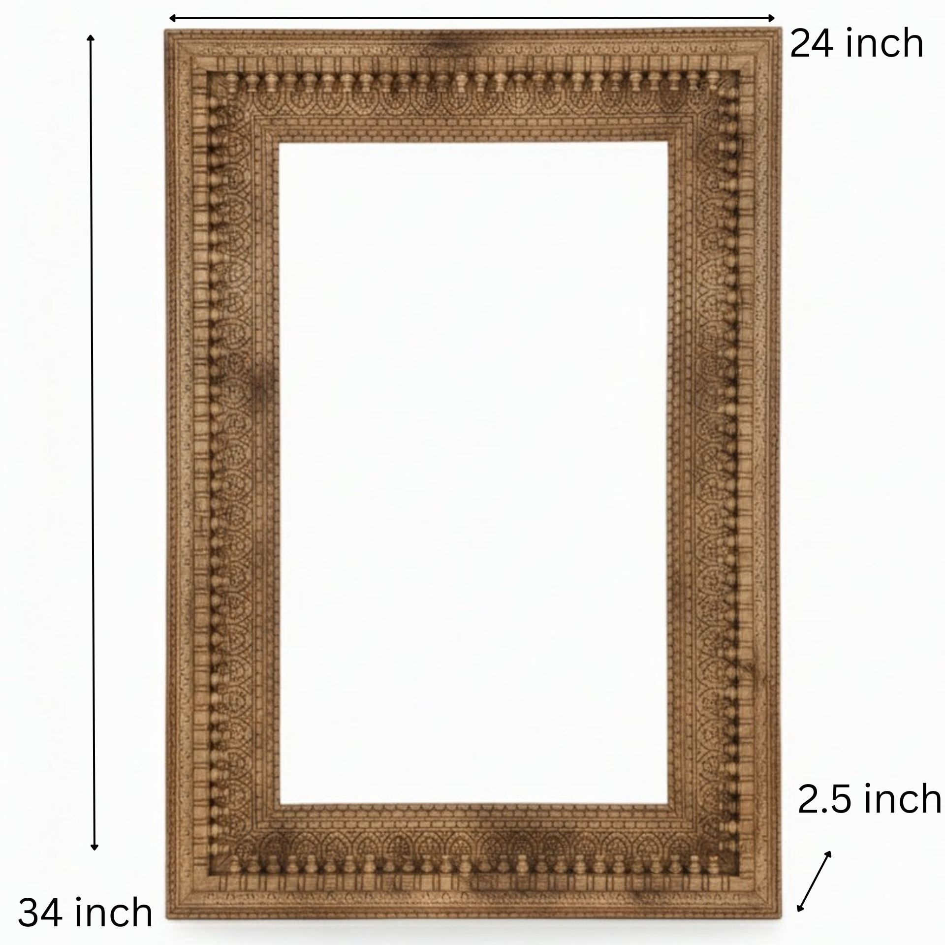 Handcrafted wooden photo frame with intricate tribal carving and natural finish
