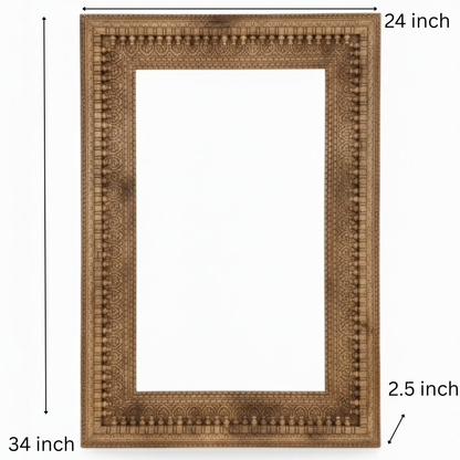 Handcrafted wooden photo frame with intricate tribal carving and natural finish