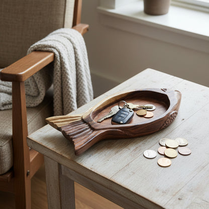 Handcrafted wooden organizer tray with a carved fish design, holding keys and coins on a rustic table beside a cozy armchair with a knitted blanket.