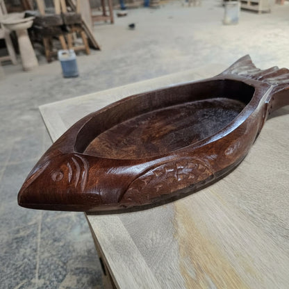 Matsya Wooden Organizer Tray carved in the shape of a fish, featuring smooth polished wood perfect for rustic decor and functional handicraft storage.