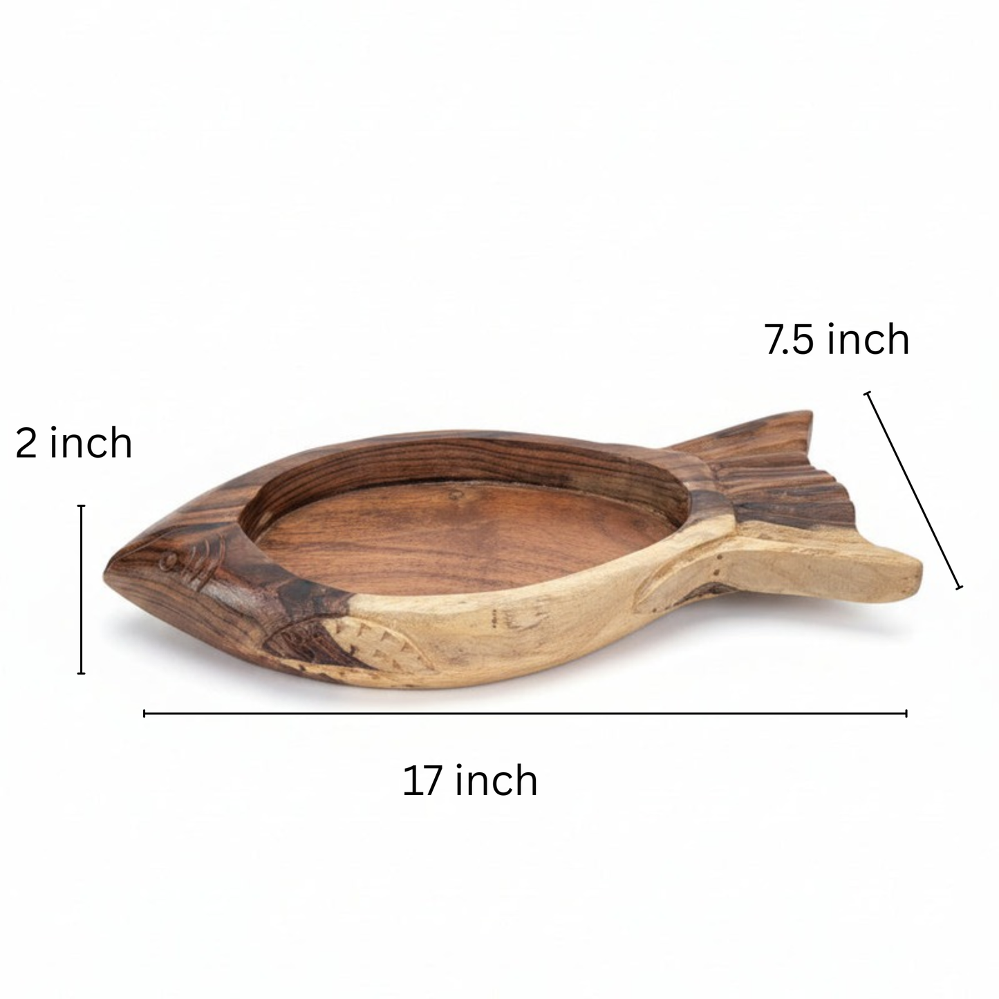 Matsya Wooden Organizer Tray shaped like a fish, handcrafted from natural wood, featuring a rustic finish ideal for stylish home decor and organizing small items.