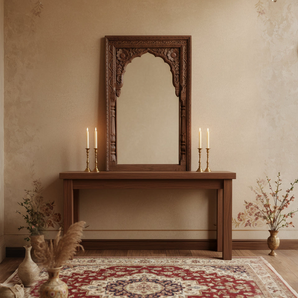Mehraab Mirror Frame featuring intricate wooden carving with an ornate arch design, styled on a simple wooden table surrounded by traditional decor elements and soft lighting.