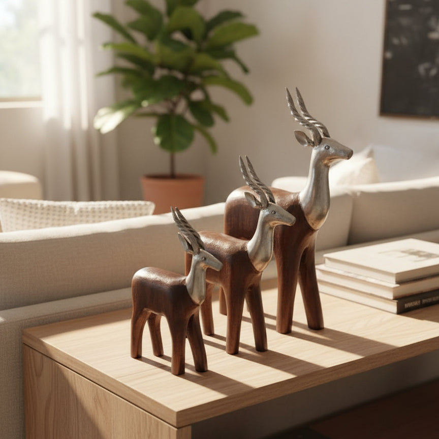 The Mriga Trio Wooden Decor, featuring three exquisitely crafted wooden antelope sculptures in varying sizes, sits atop a light wood table. A beige sofa, potted plant, and books complete the sunlit modern living room—creating an inviting space that blends artistry with comfort.
