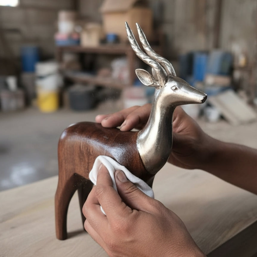 In a workshop filled with blurred tools and materials, a person polishes the Mriga Trio Wooden Decor—a handcrafted wooden and metal deer figurine—highlighting the artistry of this unique handicraft piece.