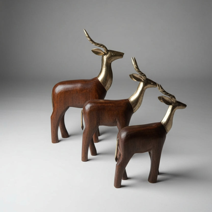 The Mriga Trio Wooden Decor features three exquisitely handcrafted wooden deer figurines with gold-colored heads and antlers, standing together on a light gray surface against a plain gray background.
