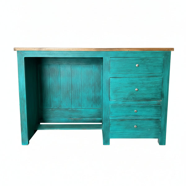 Neelkamal Service Counter made of wooden material featuring a vibrant turquoise finish with three drawers on the right side and a natural wood top surface.