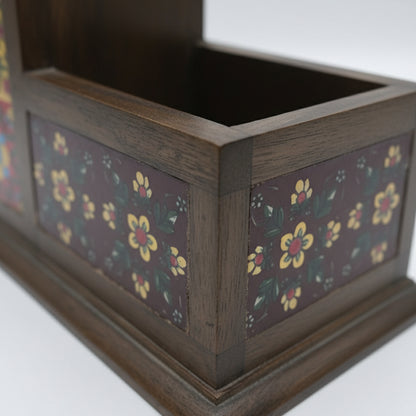 Handcrafted wooden organizer box with floral tribal patterns, decorative storage accessory