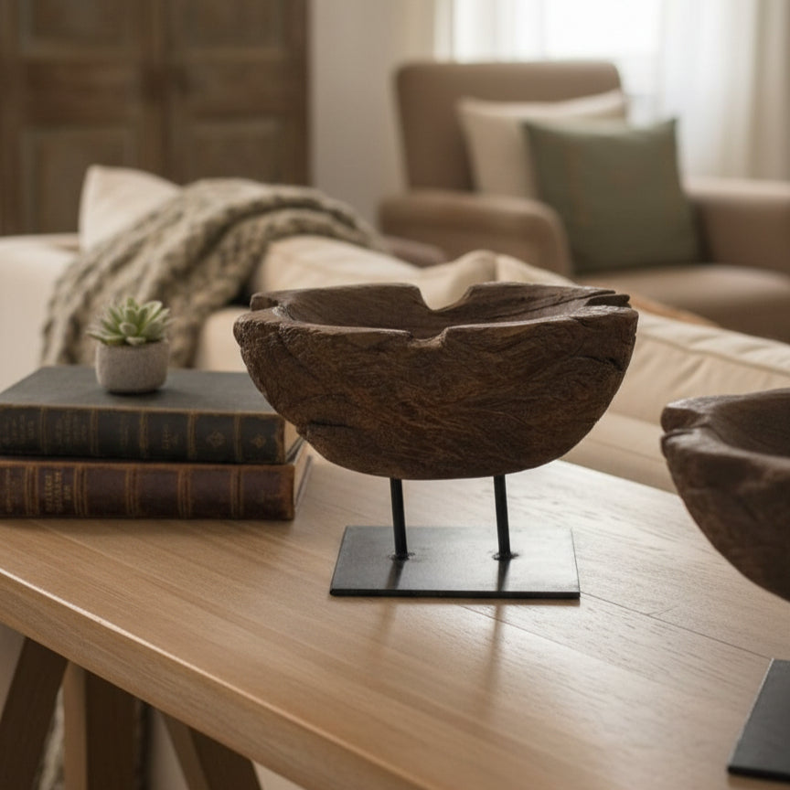 Prakriti Root Bowl Decor displayed on a wooden stand in a cozy living room setting, showcasing natural wooden texture and artisanal craftsmanship.
