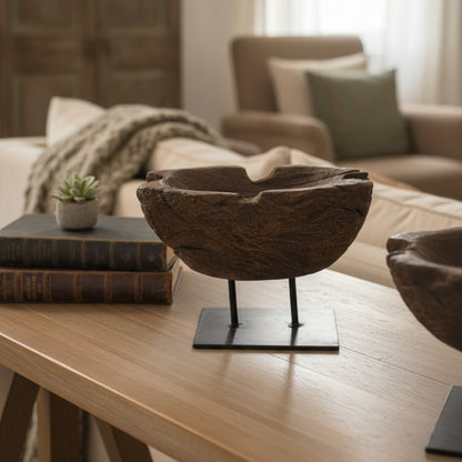Prakriti Root Bowl Decor displayed on a wooden stand in a cozy living room setting, showcasing natural wooden texture and artisanal craftsmanship.