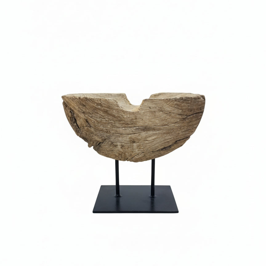 Prakriti Root Bowl Decor featuring a natural wooden root bowl with rustic texture, displayed on a minimalist black metal stand, perfect for tribal handicrafts decor.