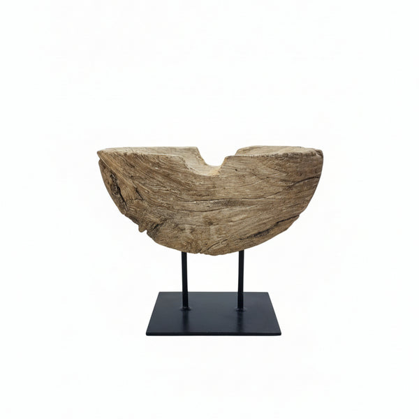Prakriti Root Bowl Decor featuring a natural wooden root bowl with rustic texture, displayed on a minimalist black metal stand, perfect for tribal handicrafts decor.