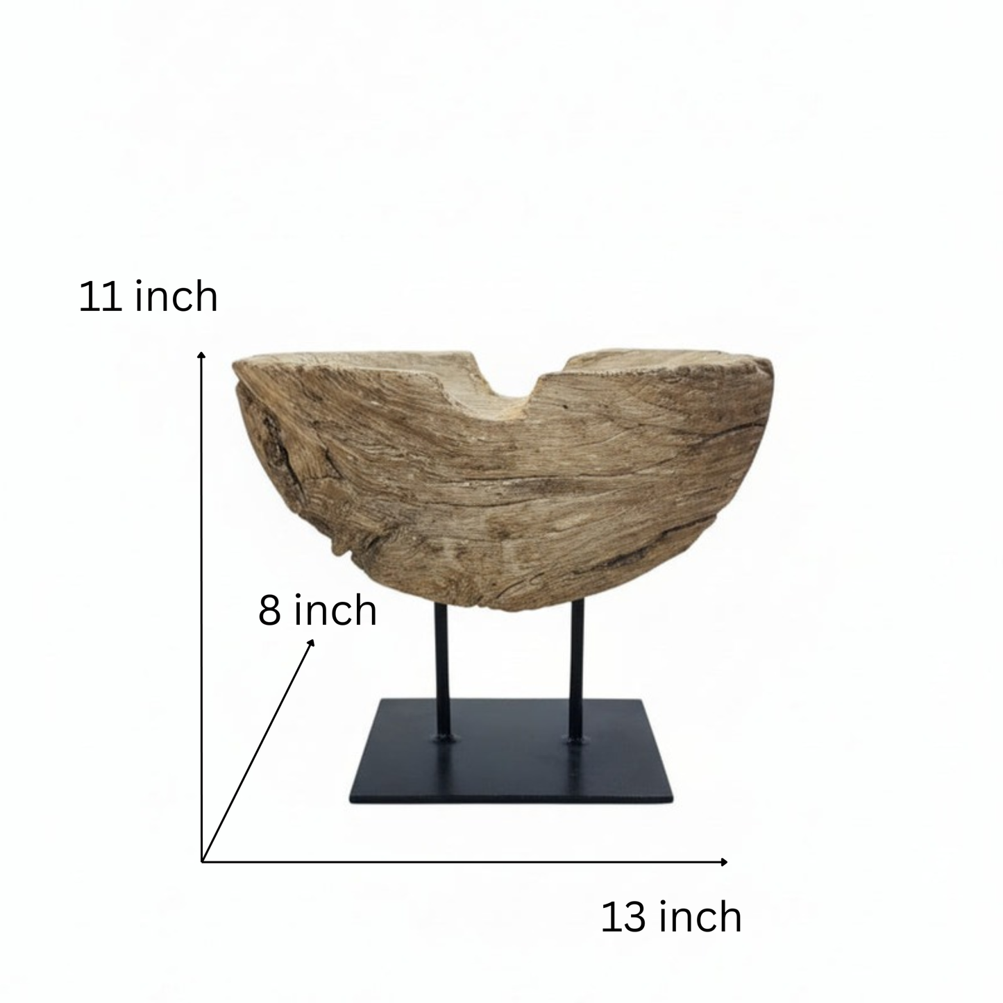 Prakriti Root Bowl Decor featuring a natural wooden root bowl with rustic texture, displayed on a minimalist black metal stand, perfect for tribal handicrafts decor.