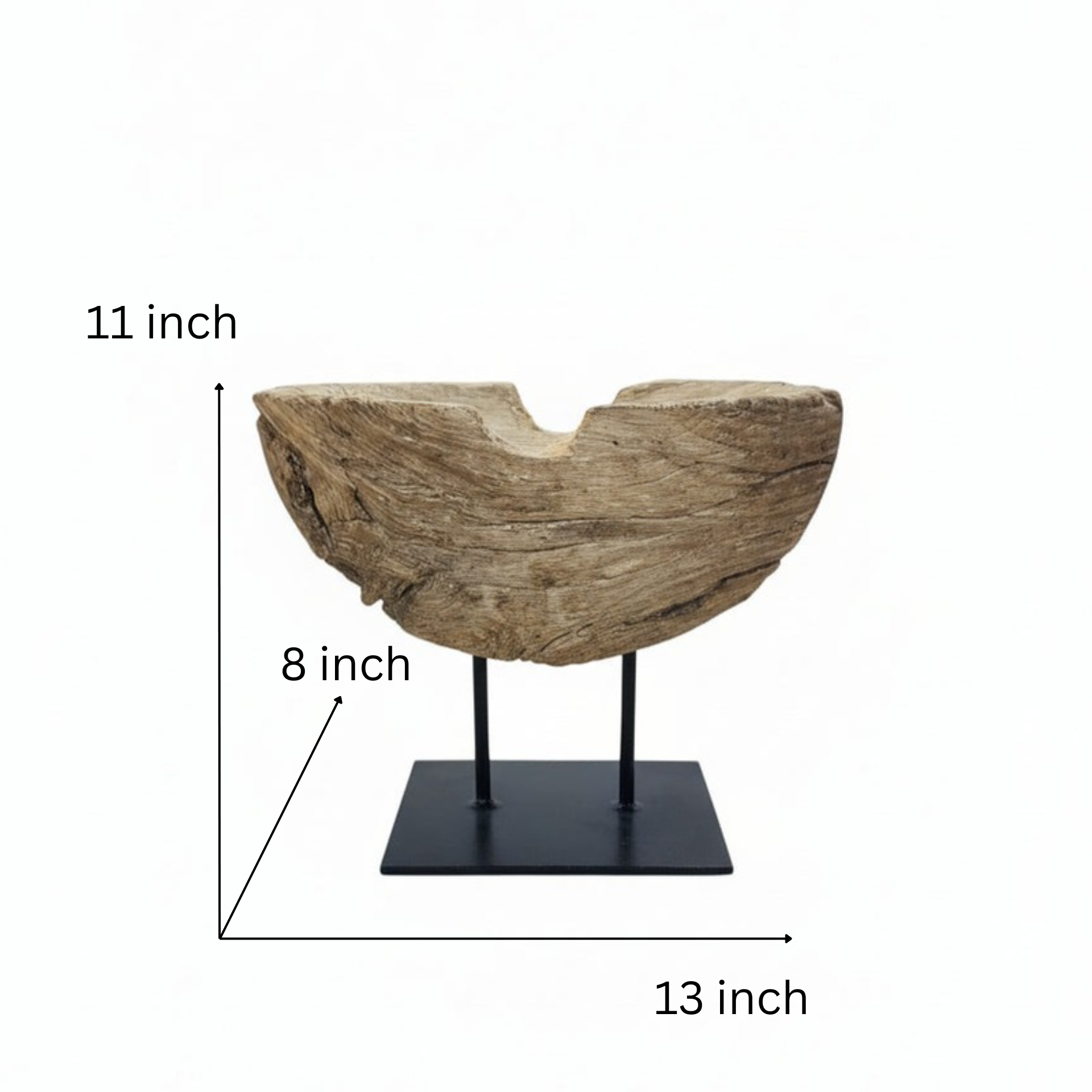 Prakriti Root Bowl Decor featuring a natural wooden root bowl with rustic texture, displayed on a minimalist black metal stand, perfect for tribal handicrafts decor.