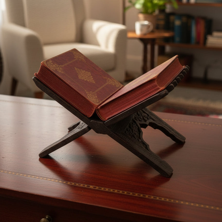 Handcrafted wooden carved bookstand with intricate tribal designs holding an open antique book, placed on a polished wooden table in a cozy room setting.