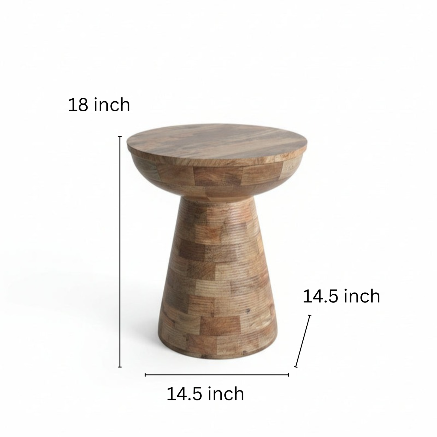 Handcrafted wooden side table with geometric shape and natural wood pattern on white background