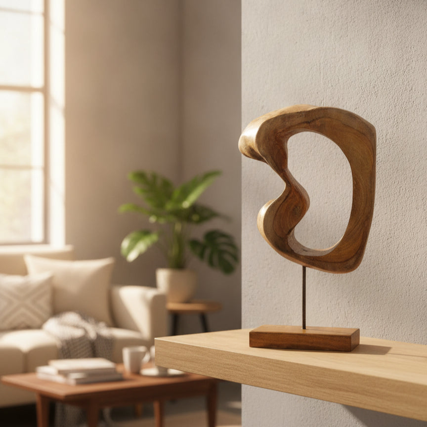 Abstract wooden art sculpture with smooth curves, displayed on a stand in a cozy living room setting showcasing natural light and minimalist decor.