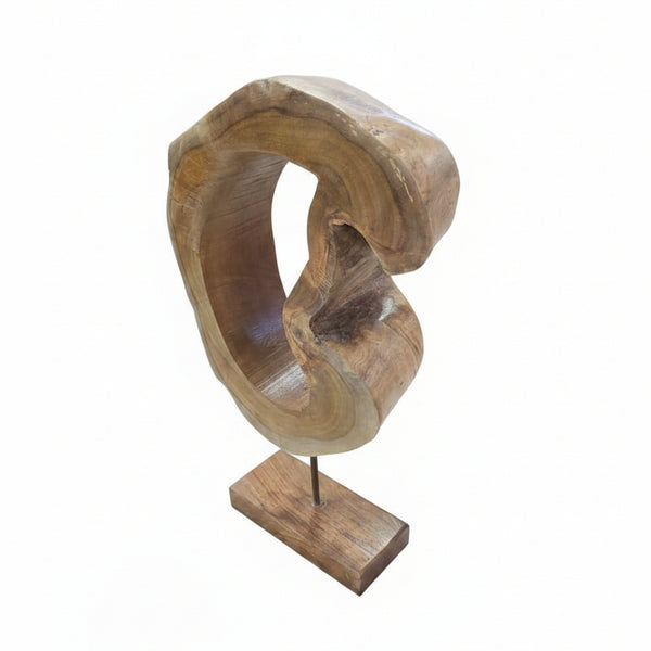 Abstract wooden decorative sculpture with smooth natural grain and organic curves, handcrafted by skilled artisans, mounted on a solid wooden base for tribal-inspired decor.