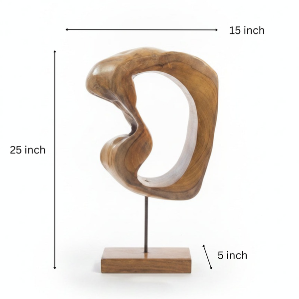 Abstract wooden art piece with smooth curves and organic shapes, handcrafted from solid wood and mounted on a minimalist stand, showcasing unique tribal-inspired decor craftsmanship.
