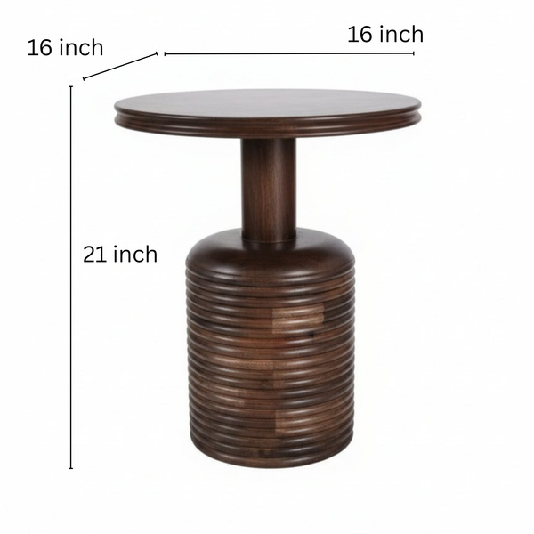 Handcrafted round wooden side table with ribbed base, tribal-inspired design
