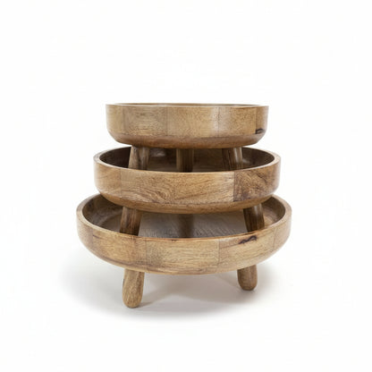 Sutra Wooden Pedestal Bowls (Set of 3) made from natural wood with a smooth finish, featuring three round bowls of varying sizes stacked on pedestal legs, ideal for decor and handicraft displays.