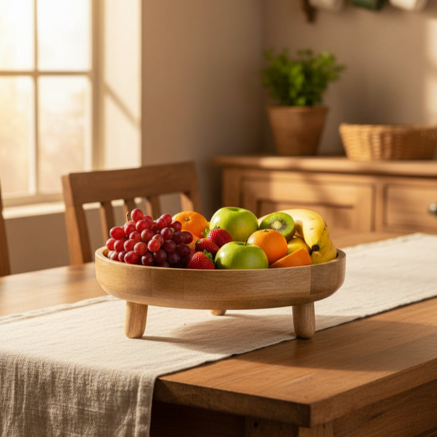 Sutra Wooden Pedestal Bowls (Set of 3) displaying fresh fruit on a wooden dining table with soft natural lighting and warm, rustic decor in the background.