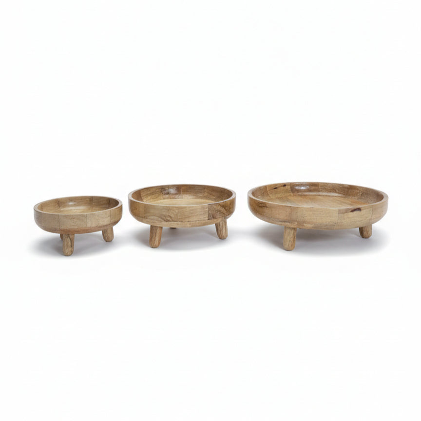 Sutra Wooden Pedestal Bowls (Set of 3) showcasing three handcrafted wooden bowls with a natural finish, ideal for decorative and functional home decor accents.