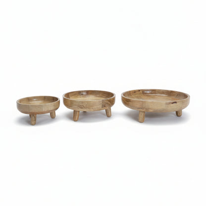 Sutra Wooden Pedestal Bowls (Set of 3) showcasing three handcrafted wooden bowls with a natural finish, ideal for decorative and functional home decor accents.