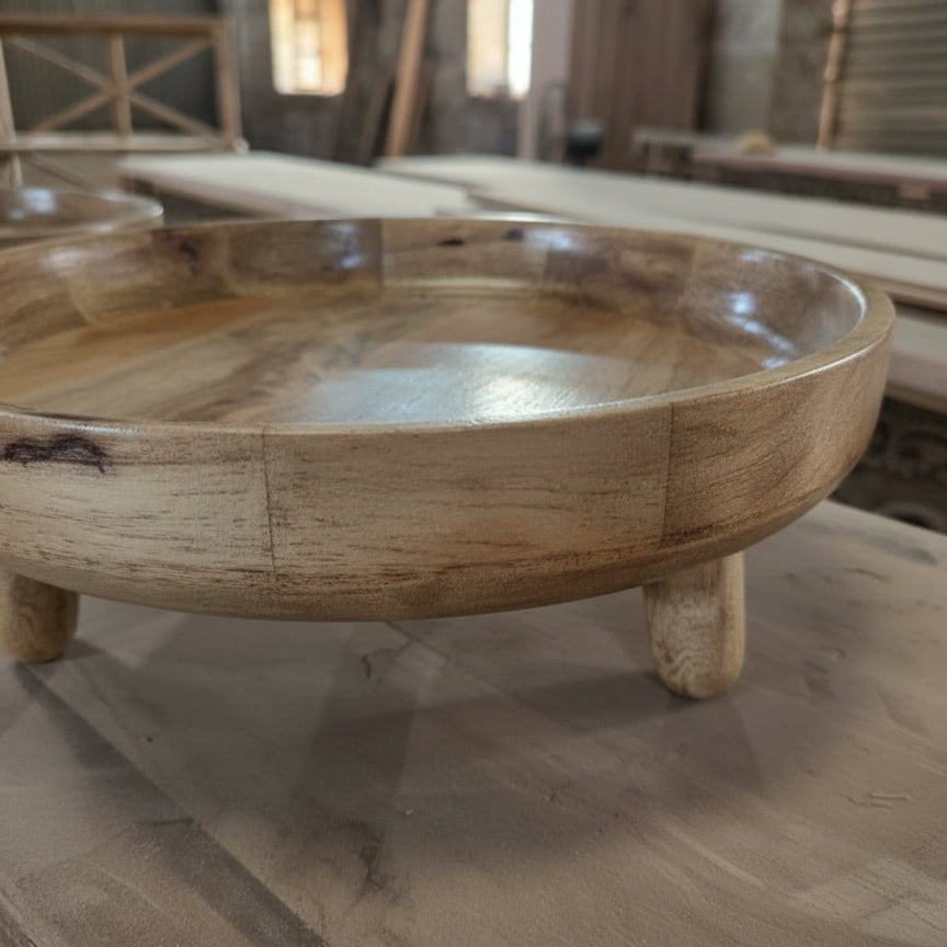Sutra Wooden Pedestal Bowls (Set of 3) crafted from natural wood, featuring smooth round bowls with short sturdy legs, ideal for rustic decor and artisanal handicraft displays.