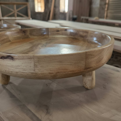 Sutra Wooden Pedestal Bowls (Set of 3) crafted from natural wood, featuring smooth round bowls with short sturdy legs, ideal for rustic decor and artisanal handicraft displays.