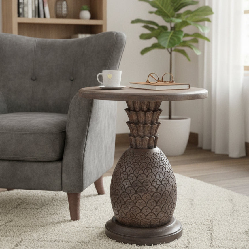 Wooden side table with intricate tribal carvings and a round top, placed next to a gray armchair in a cozy living room setting with minimal decor.