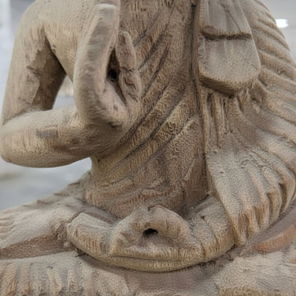 Hand-carved wooden elephant statue close-up, tribal handicraft detail