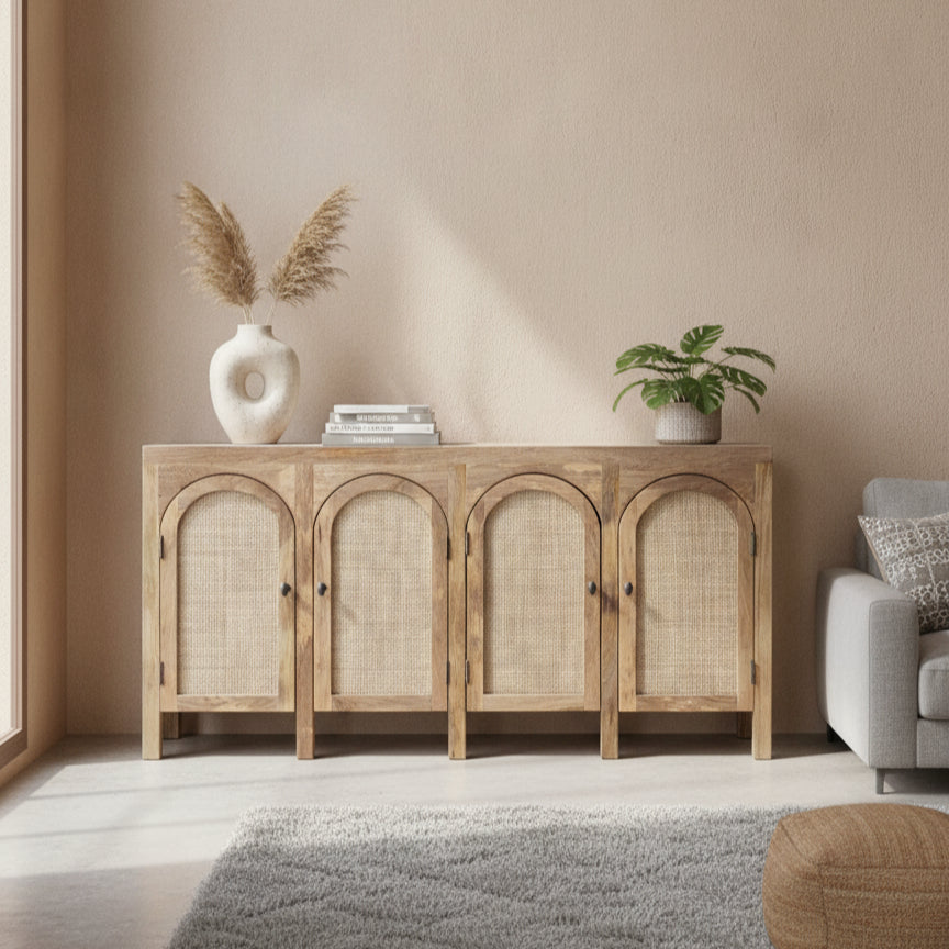 Natural wooden sideboard with woven rattan cane doors, styled with minimalist decor including a textured vase and lush green plant in a neutral living room setting.