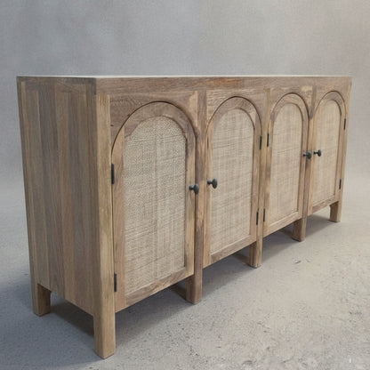 Solid wood sideboard featuring handcrafted rattan cane panels with arched designs, blending natural textures for rustic and elegant decor.