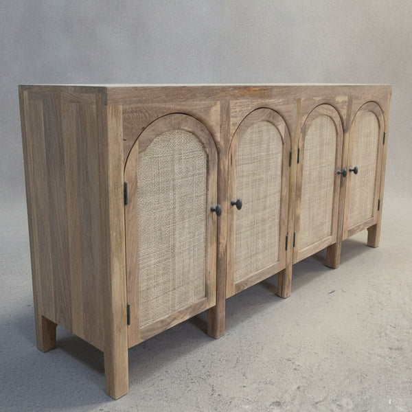 Solid wood sideboard featuring handcrafted rattan cane panels with arched designs, blending natural textures for rustic and elegant decor.