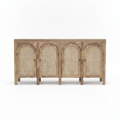 Wooden sideboard with four doors featuring woven rattan cane panels and a natural finish, showcasing authentic tribal handicraft decor elements.