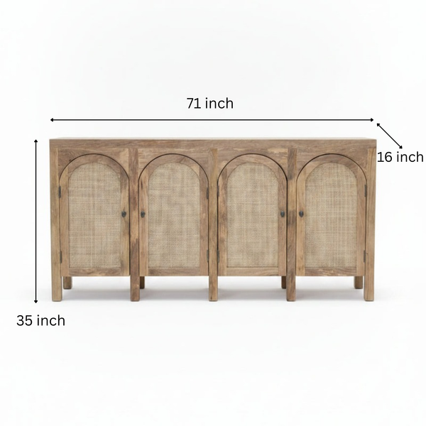 Wooden sideboard with four doors featuring woven rattan cane panels and a natural finish, showcasing authentic tribal handicraft decor elements.