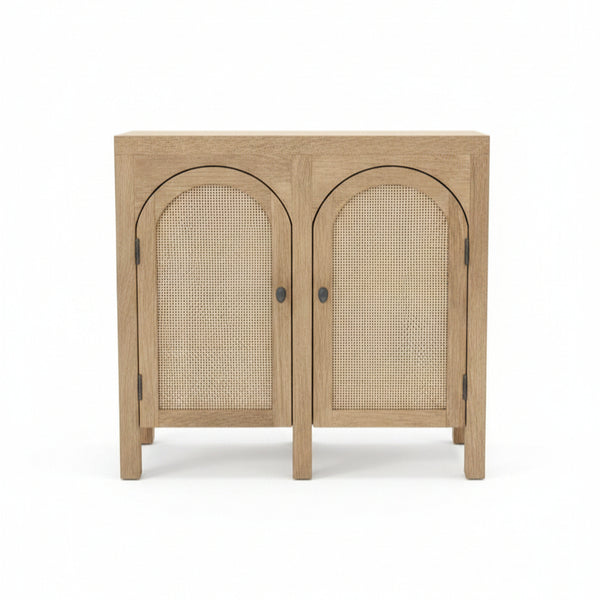 Wooden sideboard with two arched cane doors showcasing handcrafted tribal-inspired design, perfect as a stylish and durable décor accent.