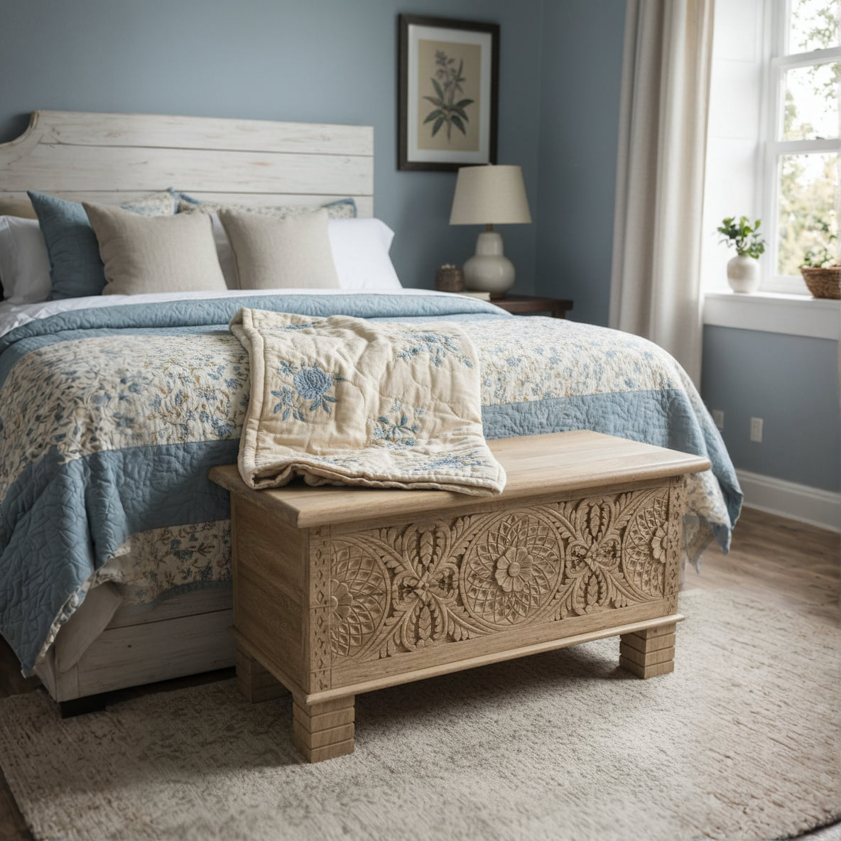 Hand-carved wooden chest with intricate patterns at the foot of a bed in a cozy bedroom