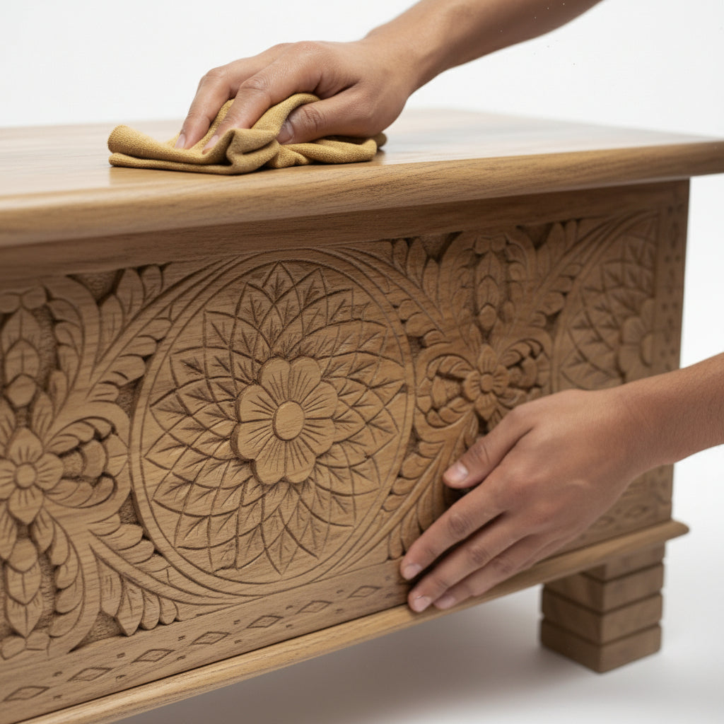 Hand polishing a carved wooden chest with intricate floral tribal patterns