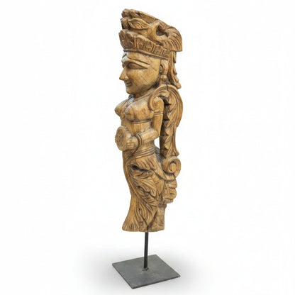 Handcrafted Yakshi heritage sculpture made from reclaimed antique wooden figurines with intricate carvings.