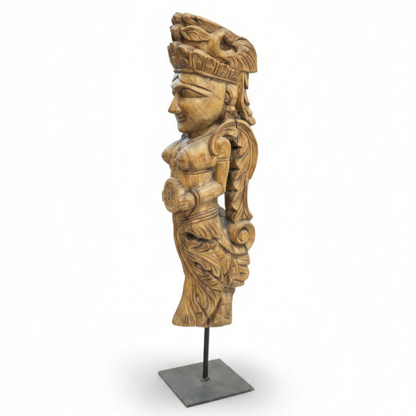 Handcrafted Yakshi heritage sculpture made from reclaimed antique wooden figurines with intricate carvings.