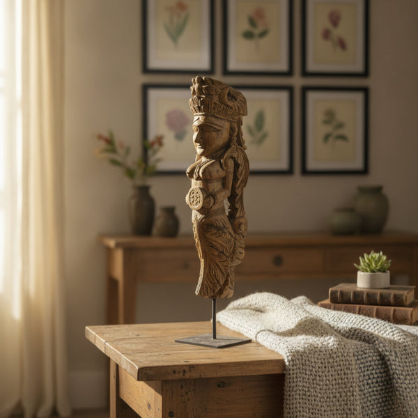Handcrafted Yakshi heritage sculpture made from reclaimed antique wooden figurines.